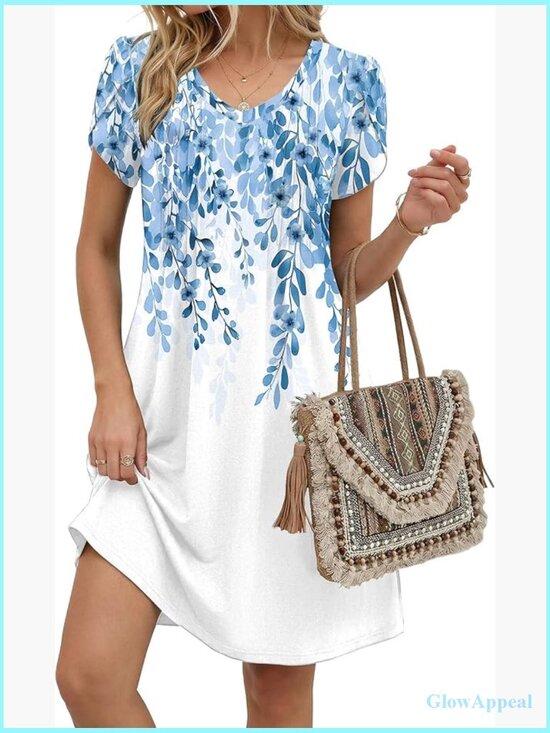 Dresses & Skirts - V Neck Pleated Casual A Line Dress Floral Boho Sundress